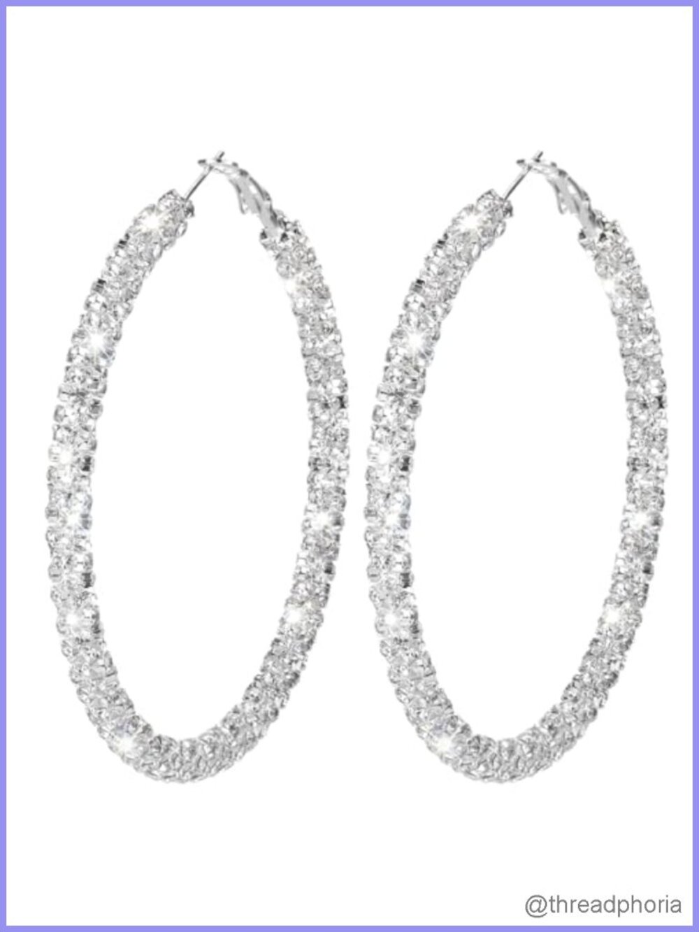 Large Rhinestone Hoop Earrings Silver Sparkly Oversized 73mm Party Jewelry